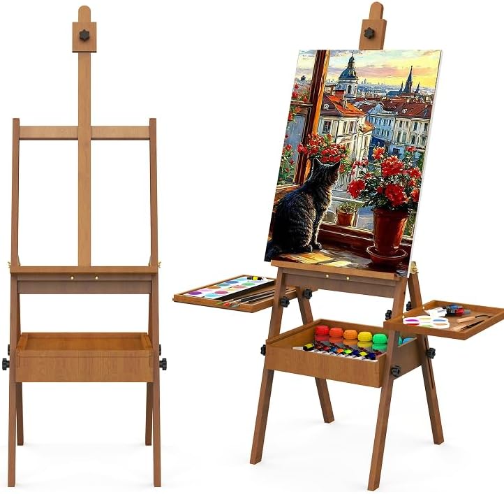 Professional Vintage Wood H-Frame Easel, with 2 Palette and Storage Box