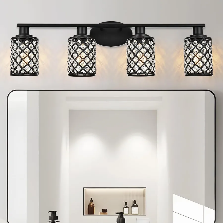 Modern Farmhouse 4-Light Black Crystal Bathroom Vanity Light, Up/Down Mountable, E26 Hardwired Wall Mirror Light for Bathroom, Powder Room, Dressing Room