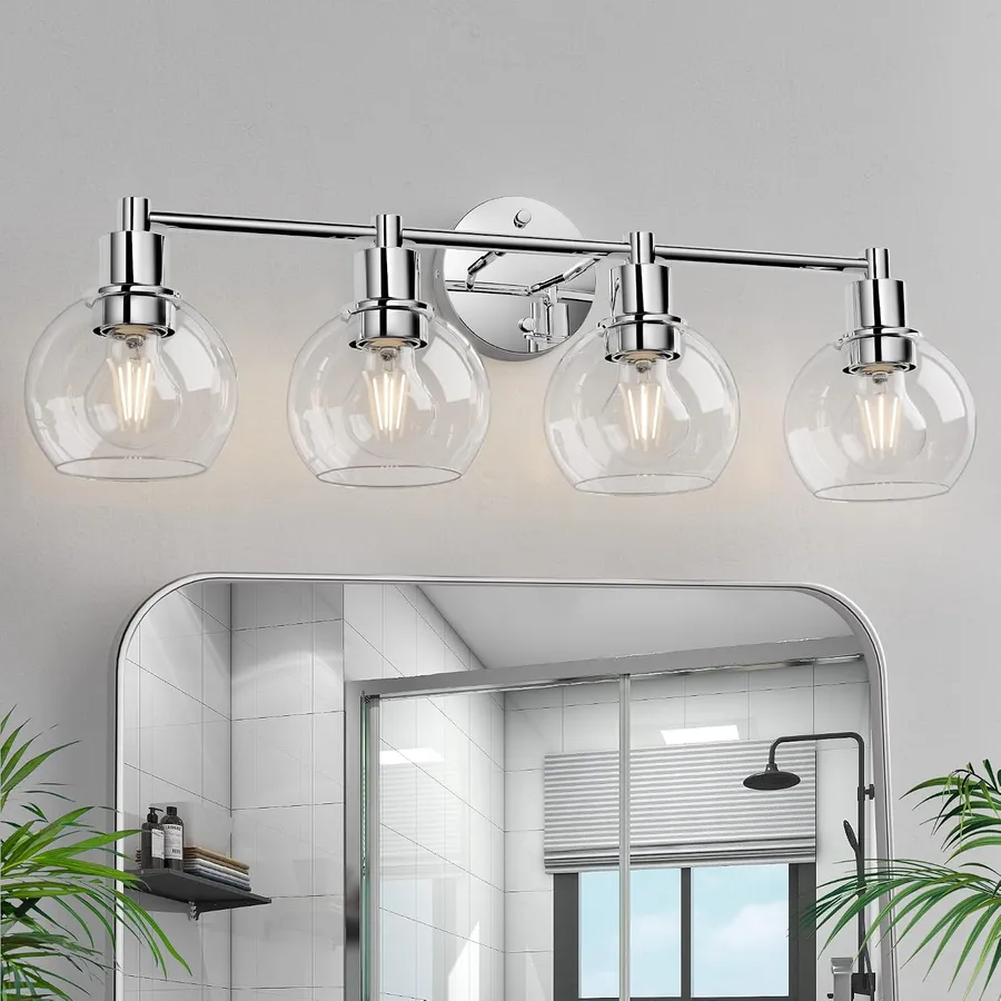 4 Lights Bathroom Vanity Light Fixtures Chrome, Bathroom Lights Over Mirror, Industrial and Farmhouse 4 Lights Wall Sconce, Polished Chrome Globe Vanity Lighting Fixtures