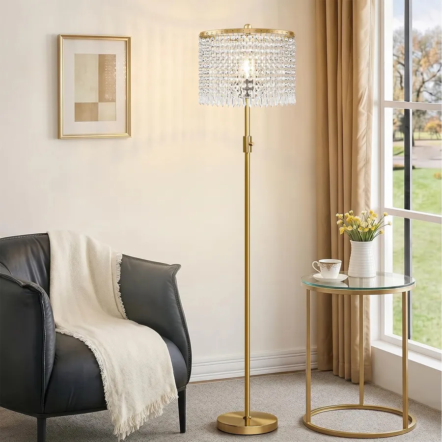 【Upgraded】 Dimmable Crystal Floor Lamps for Living Room, 1000LM LED Bulb Included, Standing Lamp with Knob Switch, Tall Gold Pole Light for Bedroom Nursery Office Corner Reading
