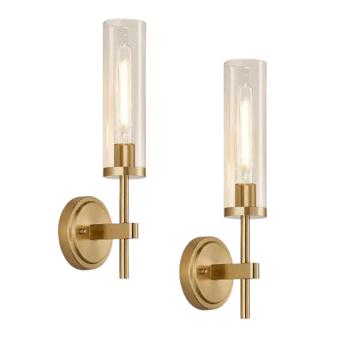 [Hardwired] Wall Sconces Set of Two, Brushed Gold Bathroom Sconces with Clear Glass, Modern Wall Light Fixtures for Bathroom Mirror Vanity, Living Room, Bedroom, Hallway, Stairway, Cabinet, Foyer