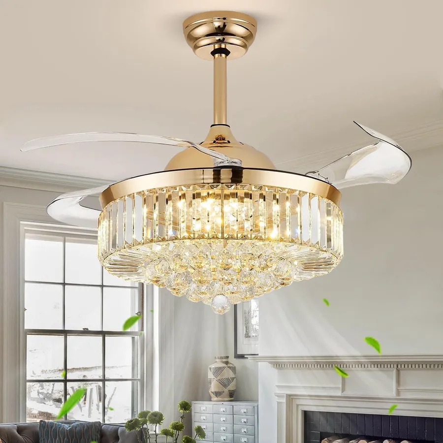42'' Fandelier Ceiling Fan with Light, Retractable Fan, Gold