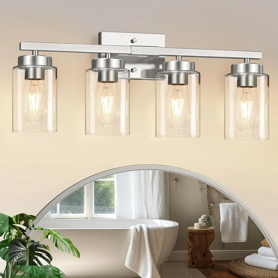 IZORRO Bathroom Light Fixtures, Modern Vanity Lights, Bathroom Lighting Fixtures Over Mirror with Clear Glass Shade, Wall Sconce for Living Room Cabinet Bedroom (Brushed Nickel, 4-Light)