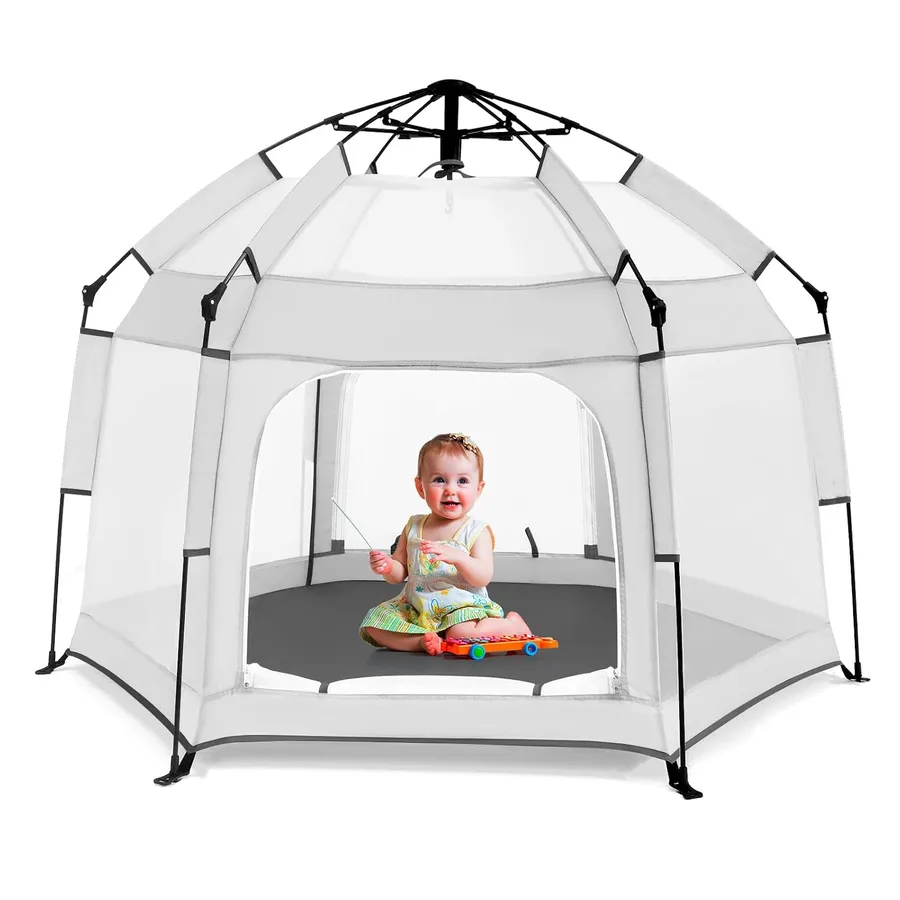 Bend River Baby Playpen with Canopy, Hexagon Toddler Beach Tent(Light Grey)
