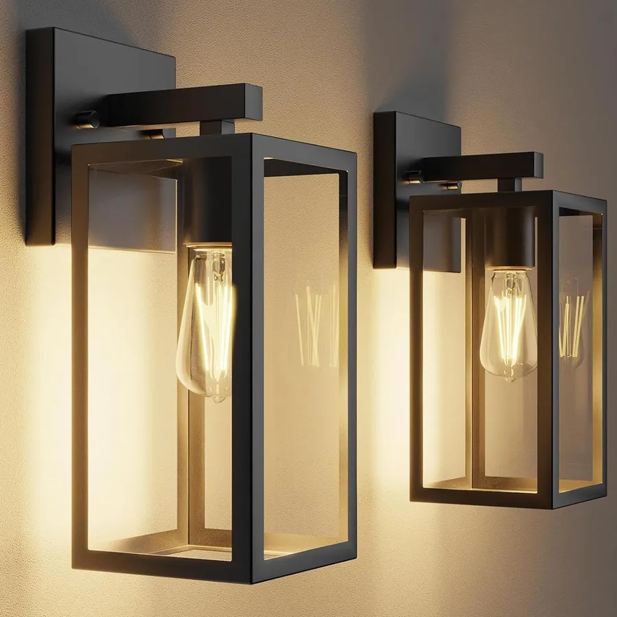 Kalium Porch Lights Outdoor Wall Light Fixture, Matte Black Wall Sconce | Toughened Frame, Clear Glass Shade, Waterproof Lanterns, for Patio, Exterior, Front, Door, Entryway