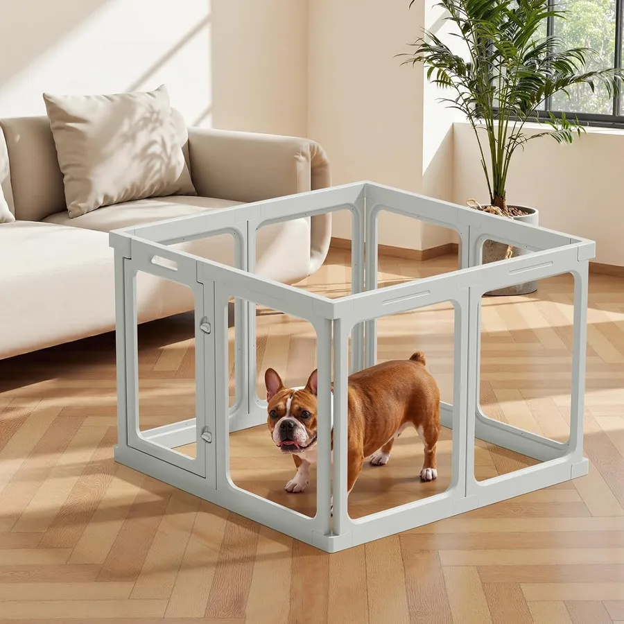Clear Acrylic Dog Playpen - 33.4 x 33.4 Inch, 24" H 8 Planes Transparent Dog Fence Indoor, Sturdy Pet Pen for Puppy/Small Dog/Rabbit/Pig, Easy Assemble & Cleaning Plastic Whelping Box Enclosure, Grey