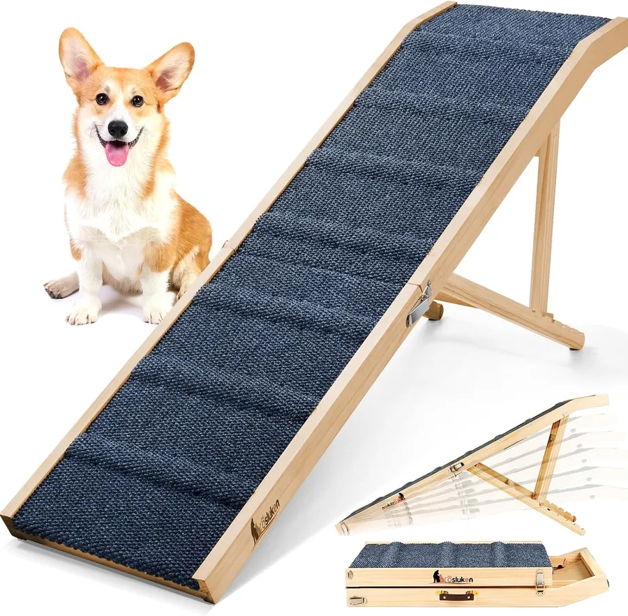 𝟐𝟎𝟐𝟔 𝐔𝐩𝐠𝐫𝐚𝐝𝐞𝐝 Dog Ramp for Bed, 64" Long Foldable Pet Ramp for Small Large Dogs, Dog Ramps for High Beds, High Traction with Platform 6 Adjustable Heights 24" to 30" Up to 220LBS, Wood