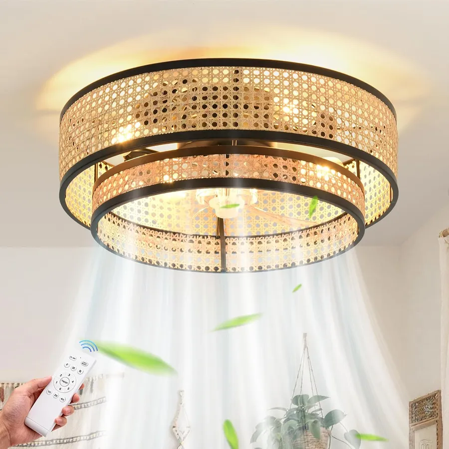 20" Caged Ceiling Fan with Light, Rattan Boho Chandelier Fan