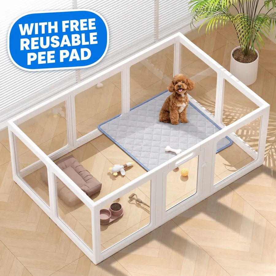Clear Acrylic Dog Playpen Indoor Pet Pen, 24" H, White, 10 Panels