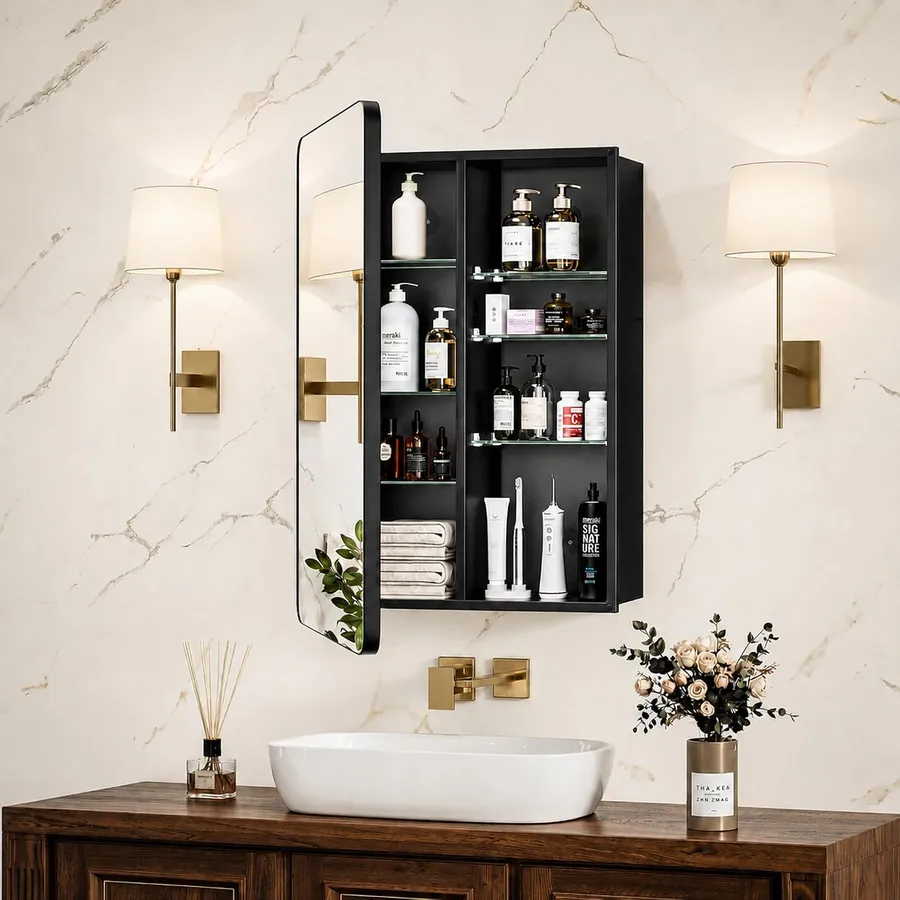 16x24 Black Medicine Cabinet with Mirror, Recessed & Surface Mount