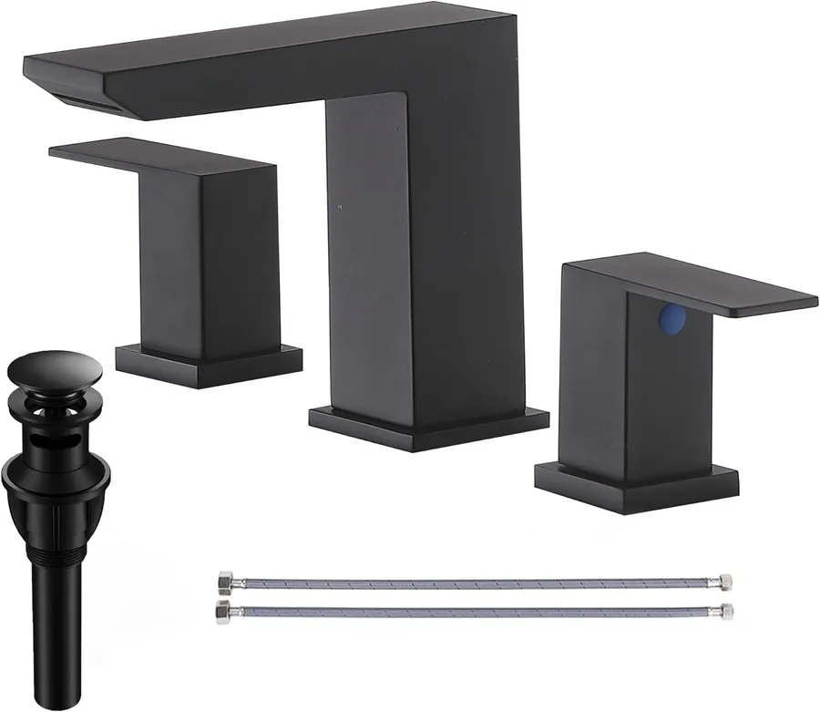 VCCUCINE Black Waterfall Bathroom Faucet 8 Inch Widespread Bathroom Sink Faucet 3 Hole,Modern Matte Black Vanity Bathroom Faucets for Sink with Pop Up Drain and Supply Lines