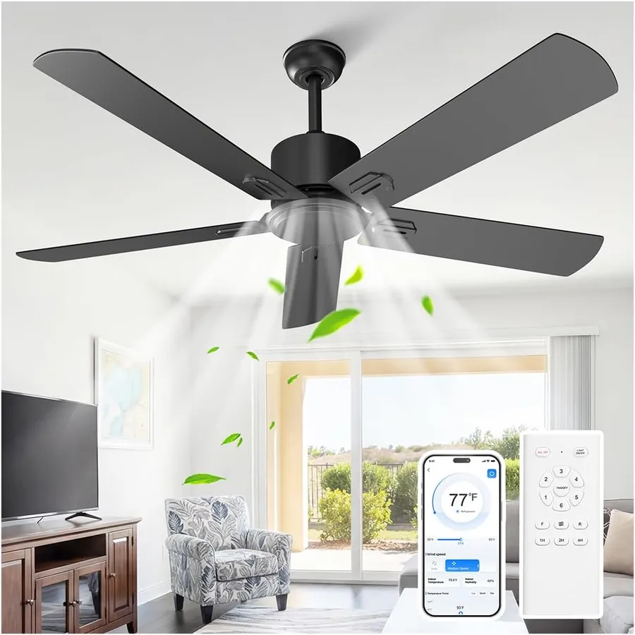 Obabala Black Ceiling Fan No Light, 52 in Outdoor Flush Mount Ceiling Fans with Remote Control without Light, 5 Blades, 6 Speed Reversible DC Motor Modern for Patios, Garage, Bedroom, Porch