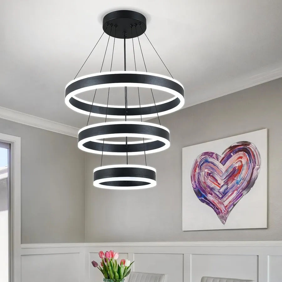 O'NEELDY Modern LED Chandeliers Adjustable Hanging Black Pendant Light Fixture 3 Ring Flush Mount Chandeliers for Bedroom,Kitchen,Island Cafe