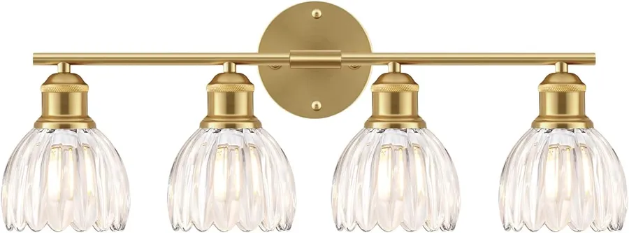 Bathroom Light Fixtures, 4-Light Brushed Gold Vanity Lights for Bathroom with Clear Tulip Glass Shade, 26" Vintage Bathroom Vanity Lighting Fixtures Over Mirror for Bedroom Living Room Hallway