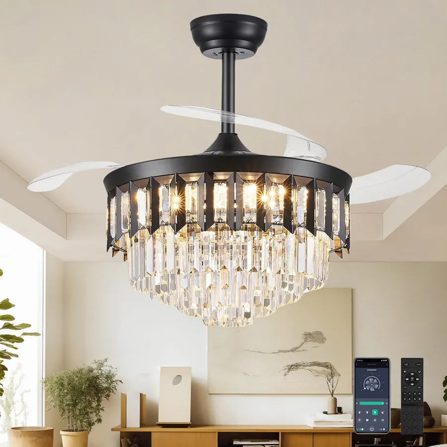 TXCSLY 42" Black Fandelier Ceiling Fan with Light, Crystal Chandelier Fan