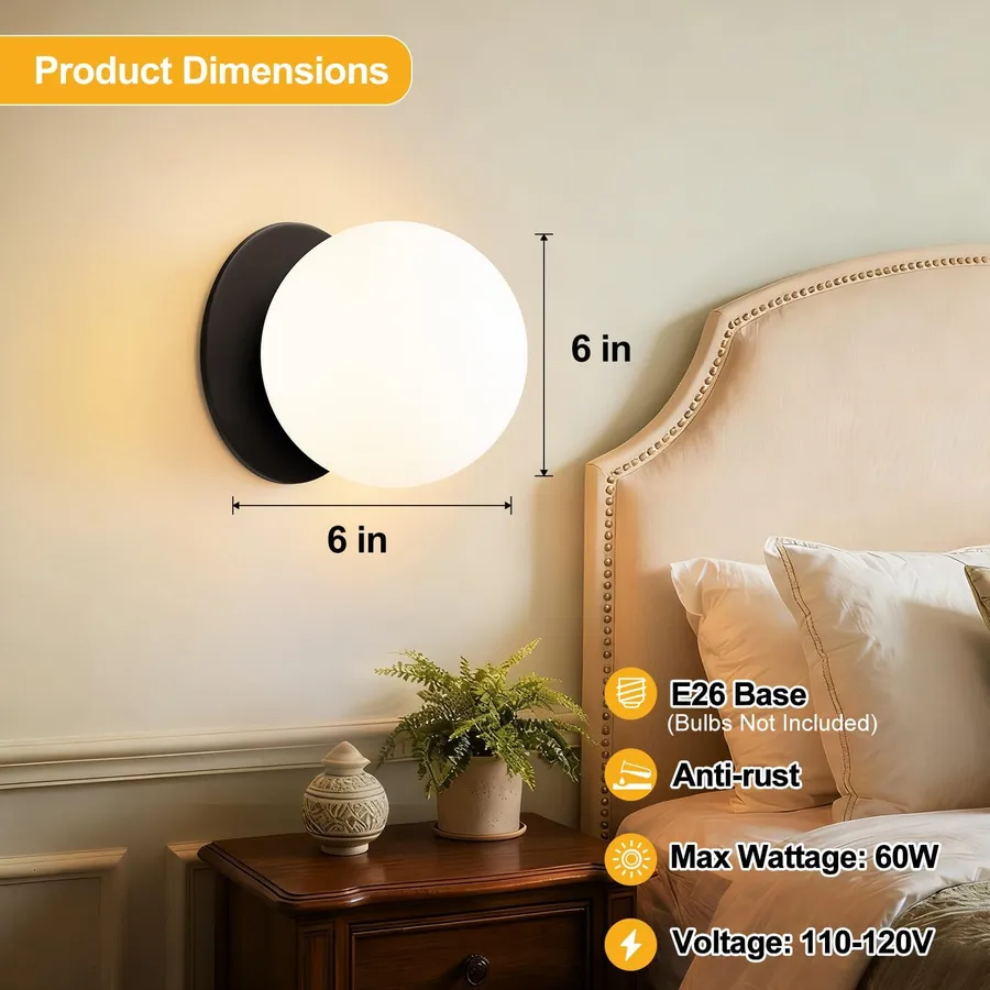 2 Pack Modern Matte Black Wall Light Fixtures, Mid-Century Globe Glass Wall Sconces Set of Two for Bathroom Mirror, Living Room, Hallway, Entryway (Bulbs Not Included)