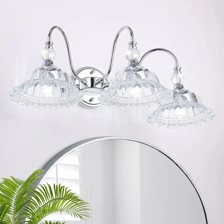 Chrome Bathroom Vanity Light Fixtures 3 Lights Vanity Lights for Bathroom with Floral Crystal Glass Shade Modern Wall Sconce Light for Mirror(Exclude E26 Bulb)