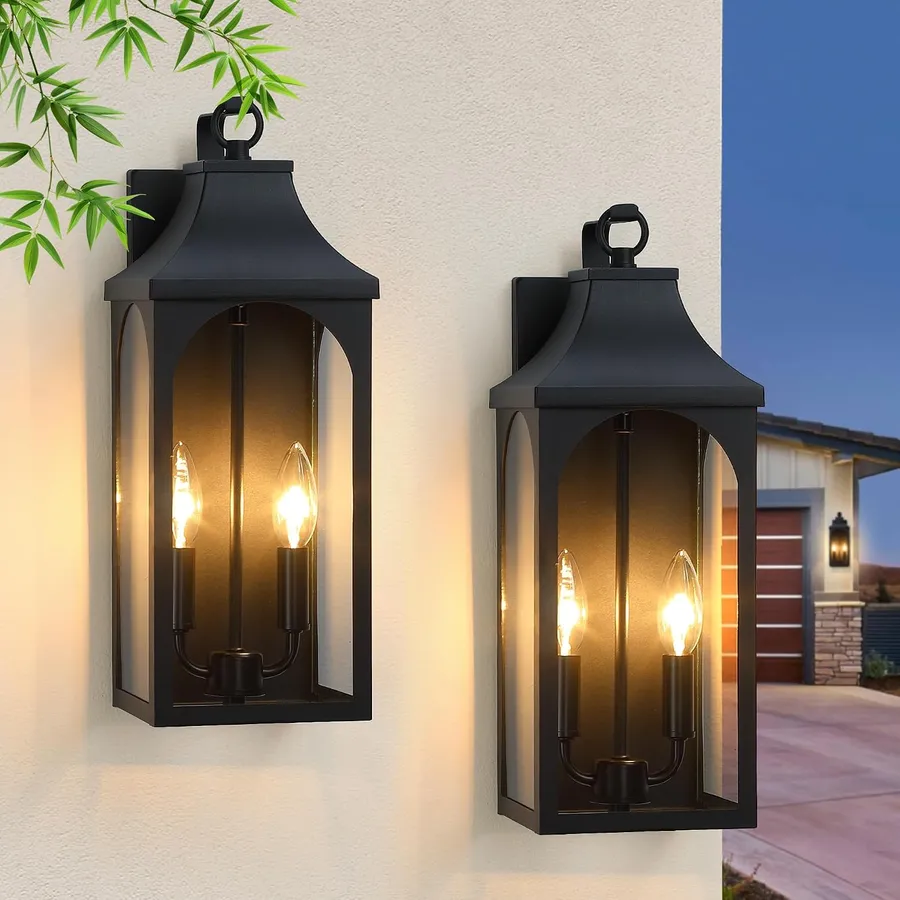17-Inch 2-Light Outdoor Porch Wall Lantern, Black Exterior Light
