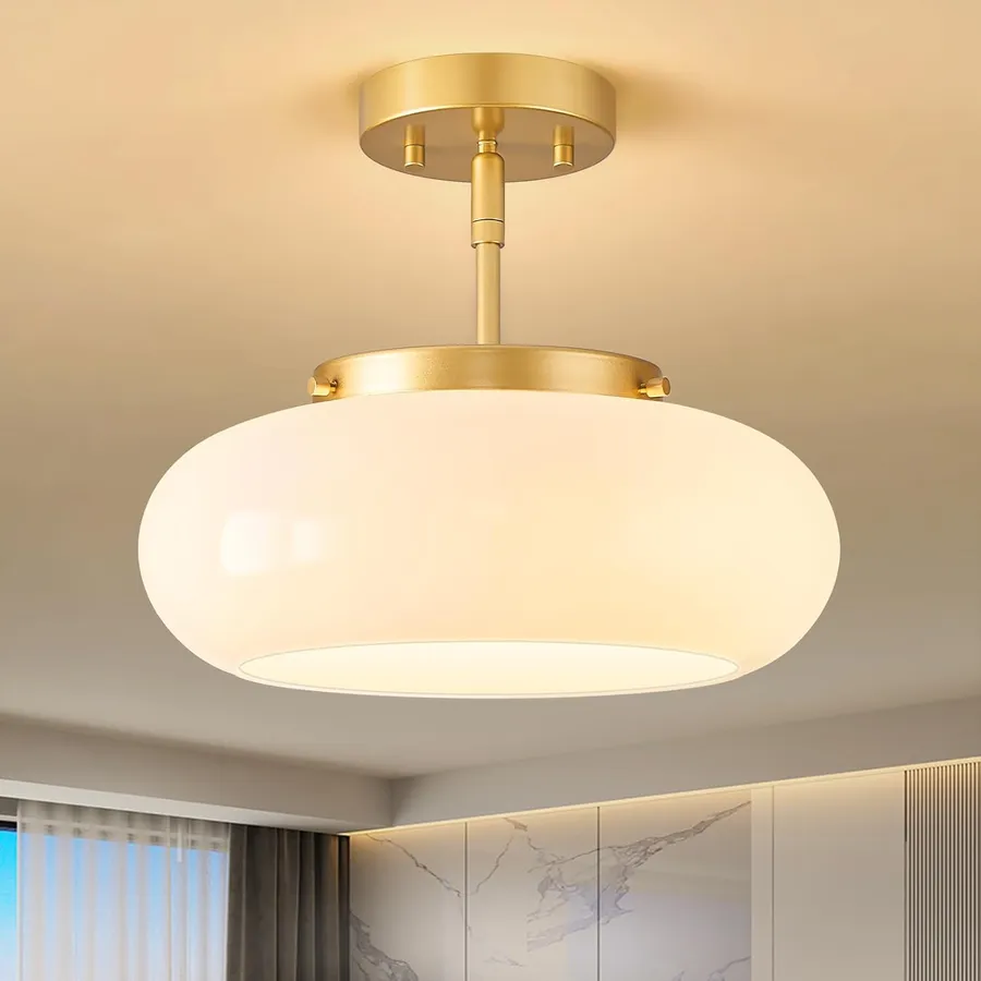 WOKNOS Mid-Century Modern Gold Semi Flush Ceiling Light 12.6 Inch