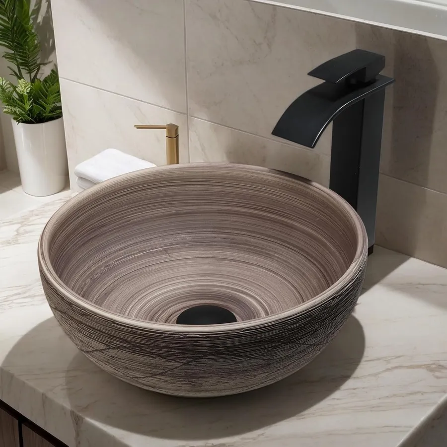 14 Inch Ceramic Bathroom Vessel Sink, Matte Black-Brown Round