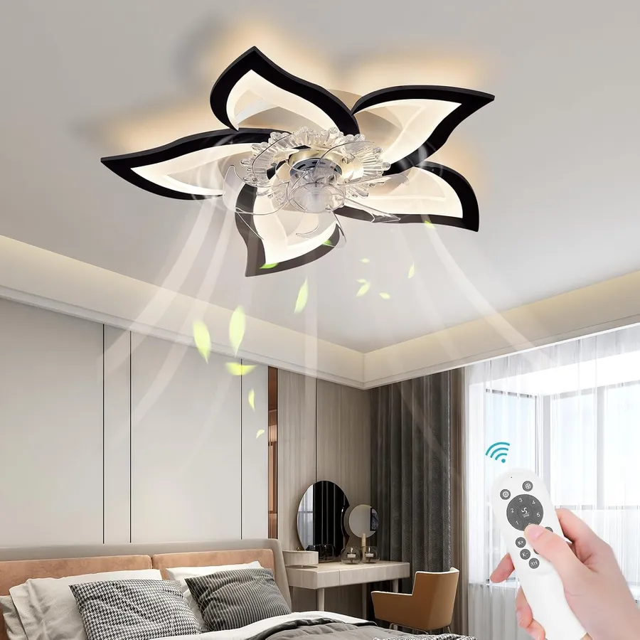Bevenus Low Profile Ceiling Fan with Lights,110v Modern Dimmable Flower Shape, Remote Control/app Control,Timing 6 Gear Speeds Fan Ceiling Lamp,Black