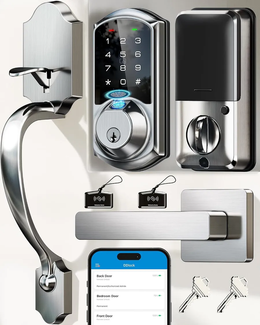 Veise VE07-H Fingerprint Smart Lock for Front Door Handle Set, Satin Nickel