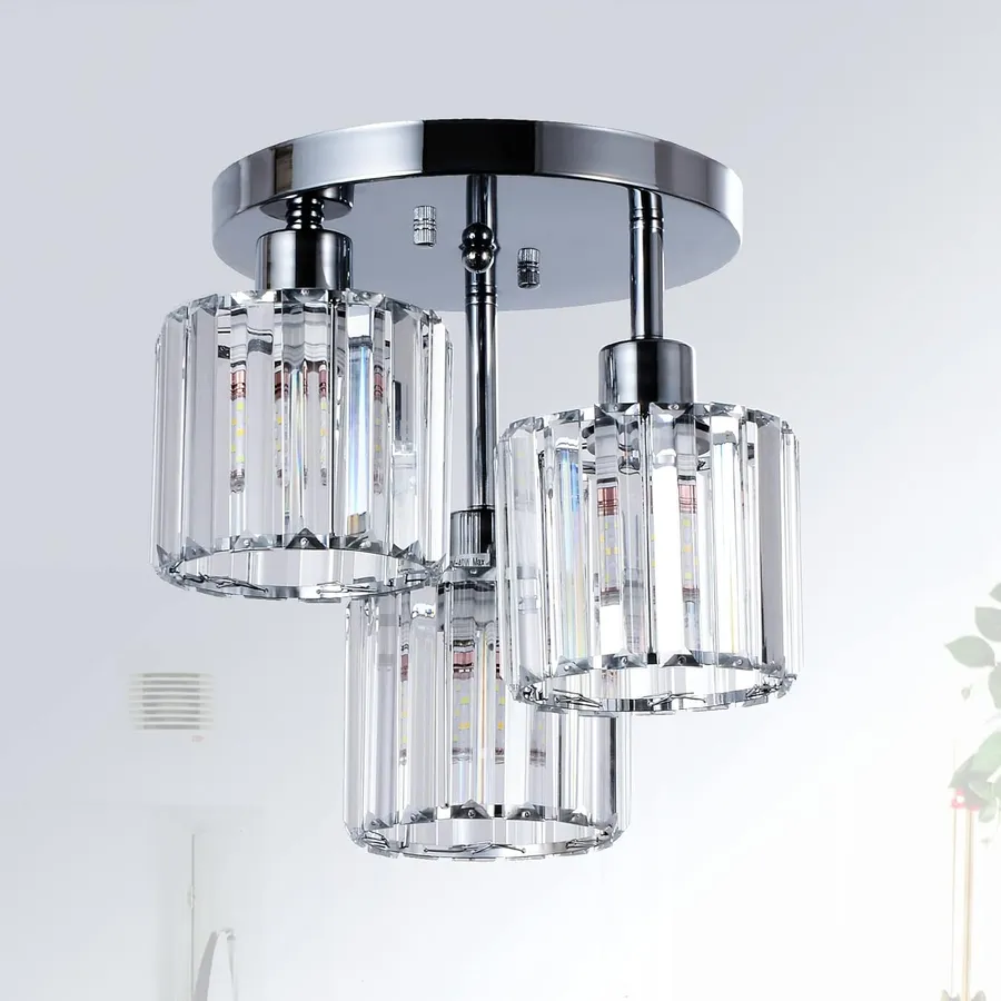 PAUFUL Semi Flush Mount Ceiling Light,3-Light Modern Close to Ceiling Light Fixtures,Kitchen Light with Clear Crystal Shades, Hallway Light Fixtures for Kitchen Entryway Bedroom Bathroom Foyer