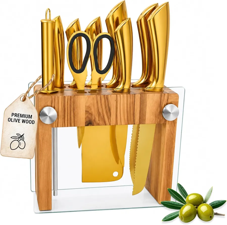 Gold Knife Set with Block and Steak Knives-Olive Wood Knife Holder with Tempered Glass Sides