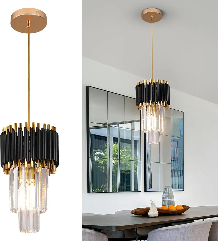 Crystal Chandelier Gold Pendant Light Fixtures Modern Crystal Pendant Light for Kitchen Island D7.5'' Black and Gold Chandelier for Dining Room Bedroom Living Room Hanging Light with a Bulb