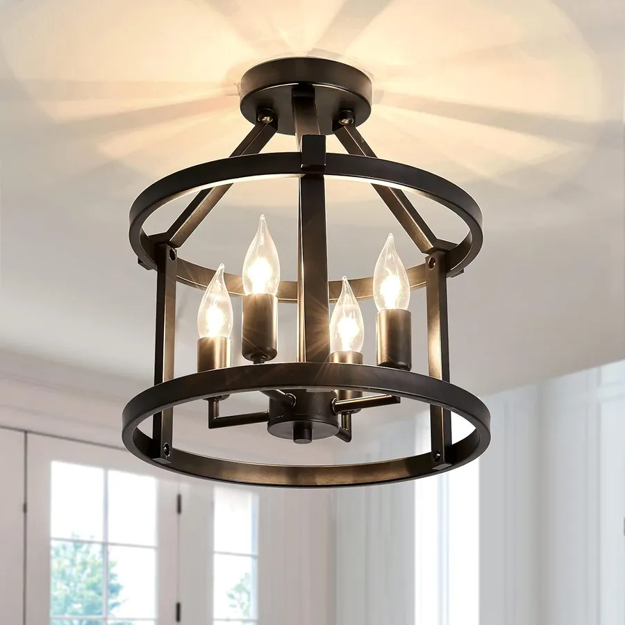 UOFUS Metal Semi Flush Mount Ceiling Light Fixture 4 Candle Holder Matte Chandelier Farmhouse Ceiling Lamp for Dining Room Bedroom Kitchen Hallway Entryway(Black