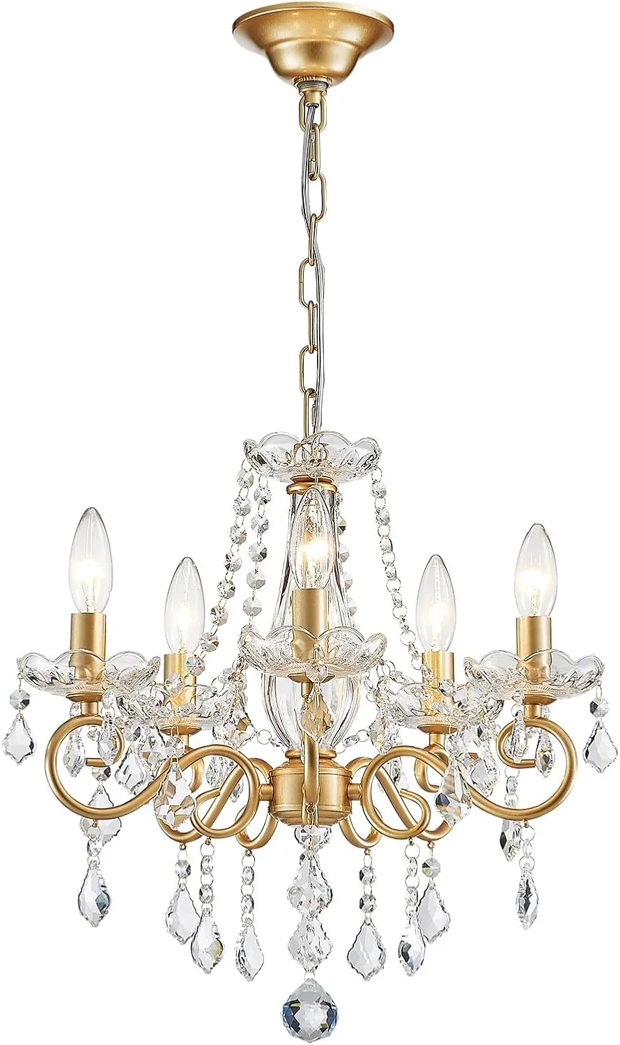 ANJIADENGSHI Mini Crystal Chandelier K9 Crystal Gold Chandelier for Living Room Bedroom Dining Room Kitchen Island Entryway 5 E12 Bulbs High 16.5 in x Diameter 16.9 in, Golden