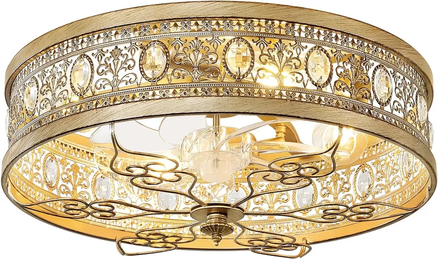 19" Flush Mount Caged Ceiling Fan with Light, Vintage Rustic Crystal Fandelier, Low Profile Ceiling Fans with Lights and Remote, 6 Speed Reversible for Bedroom Living Room Dining Room