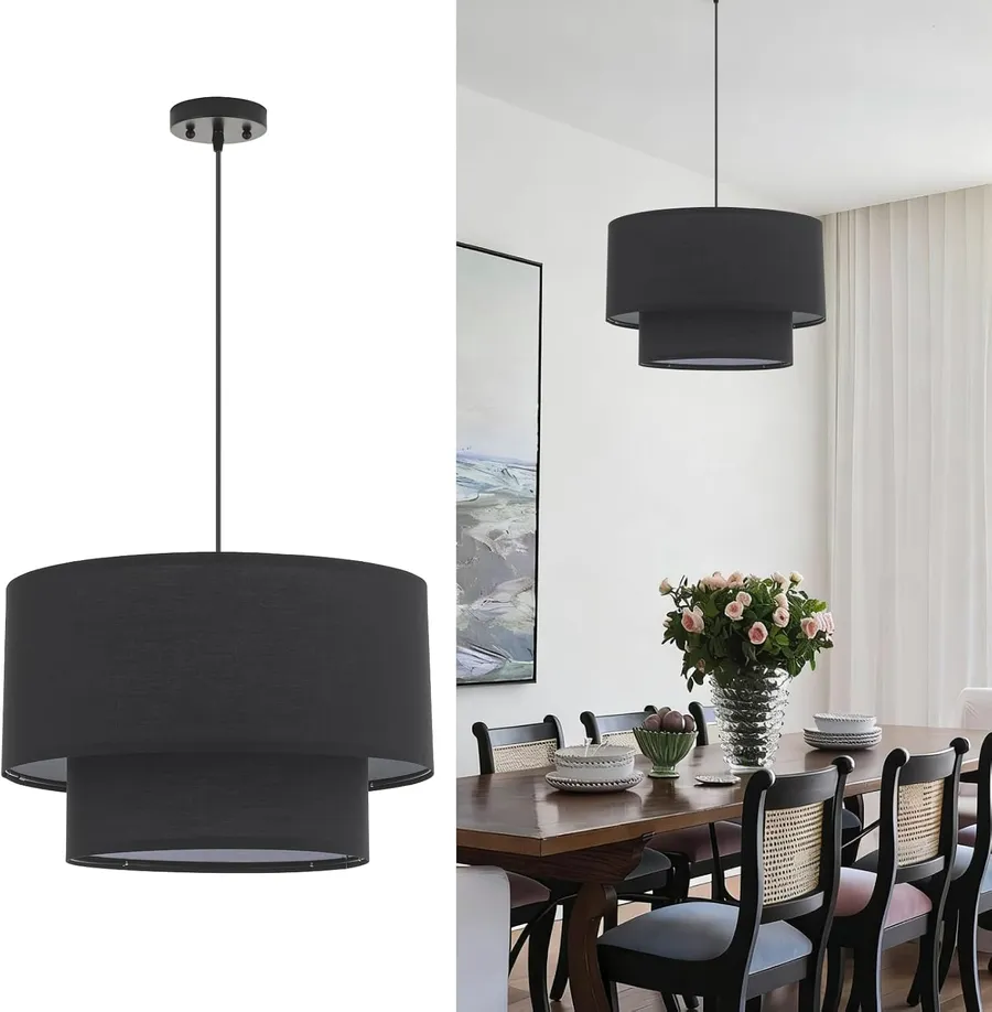 VILUXY Modern Black Chandelier Fabric Pendant Light Fixture Double Drum Shade Hanging Ceiling Chandelier 3 Lights Round Linen for Bedroom Dining Room Living Room Foyer