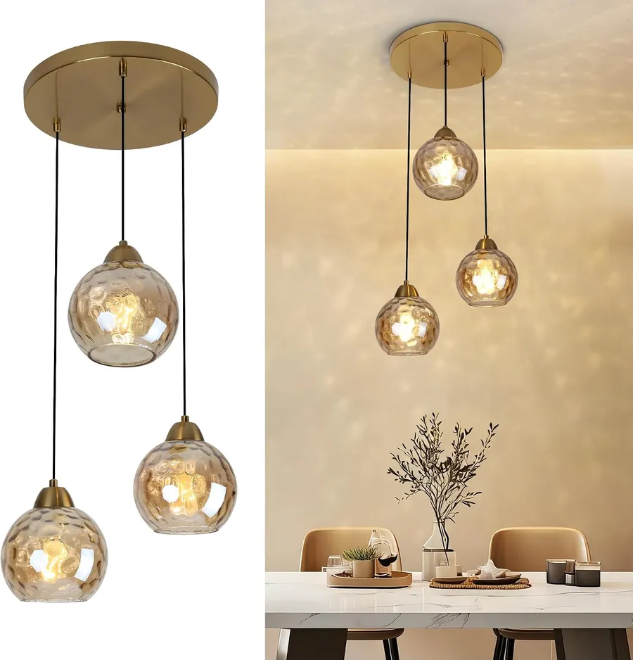 3-Light Gold Cluster Globe Ceiling Chandelier, Modern Brushed Brass Hanging Pendant Light with Amber Hammered Glass for Dining Room Staircase Entryway Foyer