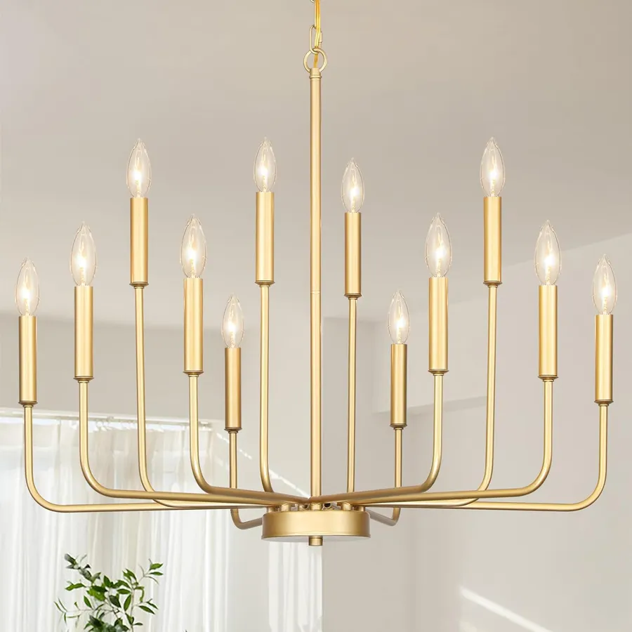 Gold Chandeliers for Dining Room Light Fixture，D32 Inch Modern Farmhouse Chandeliers for Living Room,12-Lights Metal Candle Lighting Fixtures for Entryway Kitchen Island Foyer