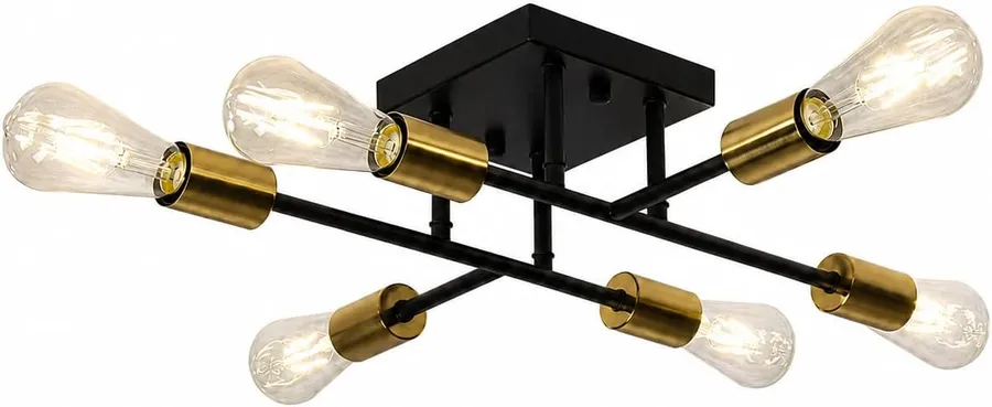 6-Light Semi Flush Mount Ceiling Light, Black Gold Sputnik