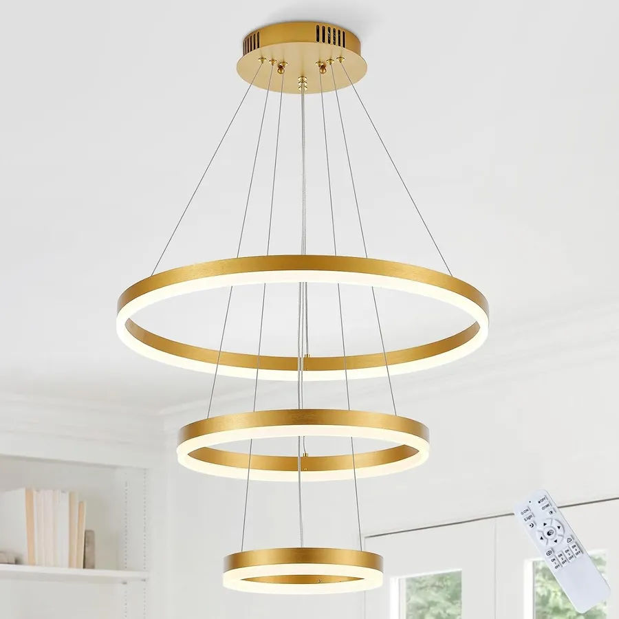 LED 3-Ring LED Chandelier 24’’ Gold Pendant Light Fixture Dimmable Contemporary Circular Flush Mount Chandelier for Living Room Bedroom Dining Room Foyer, Remote Control