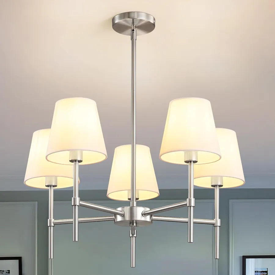 RUIYEY Dining Room Chandeliers Light - 5-Light Brushed Nickel Modern Chandeliers Light Fixtures with White Fabric Shade, Height Adjustable Pendant Island Lights for Entryway Farmhouse