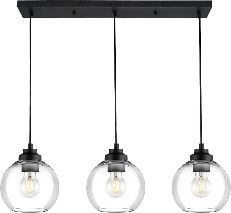 8-Inch Black Kitchen Island Light,Clear Globe Glass,3-Light,BK-3S