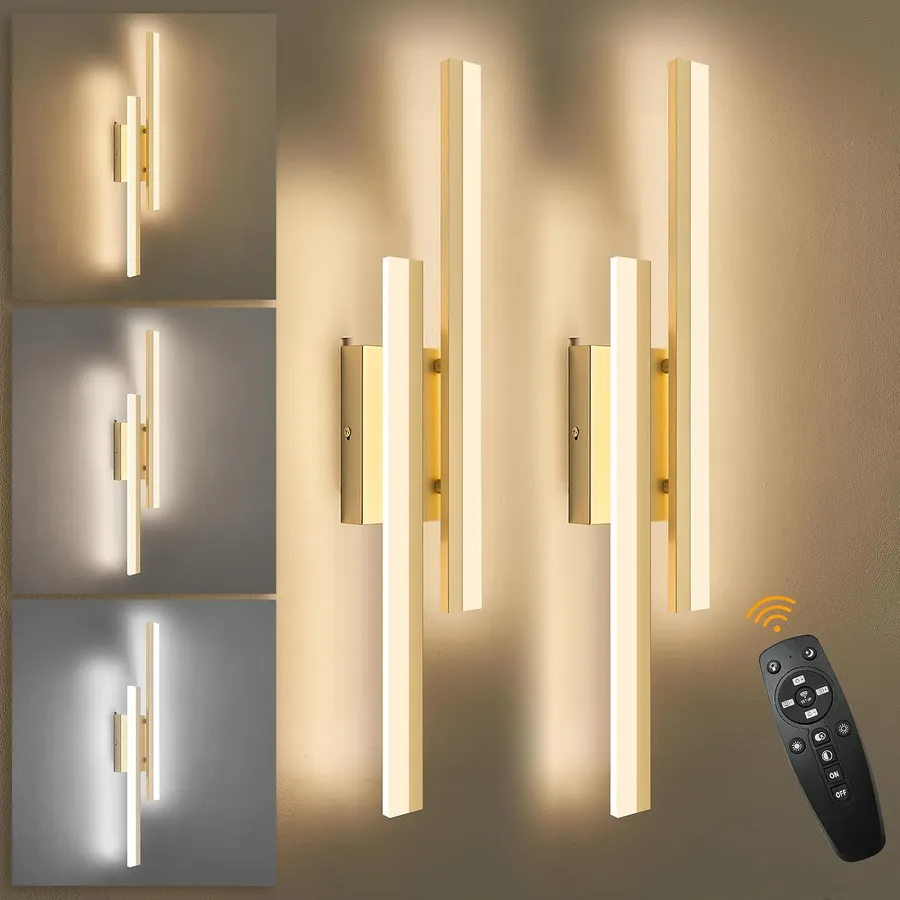LED Wall Sconce Set of 2 Gold Remote Modern LED Vanity Lights Set of 2 Indoor Wall Light Fixtures for Living Room, Dimmable Wall Sconce for Bedside Bedroom Bathroom, L23.6inch 2 Pack