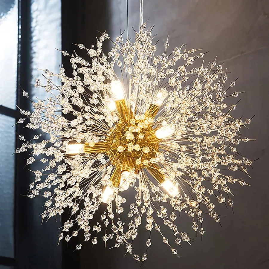 Modern Firework Gold Crystal Chandeliers,Sputnik Dandelion Chandelier Light Fixture Pendant Lighting for Dining Room,Living Room,Bedroom,Kitchen,Restaurant- 9 Lights