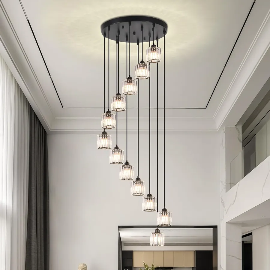 12-Light Crystal Raindrop Chandelier, Black, for High Ceilings