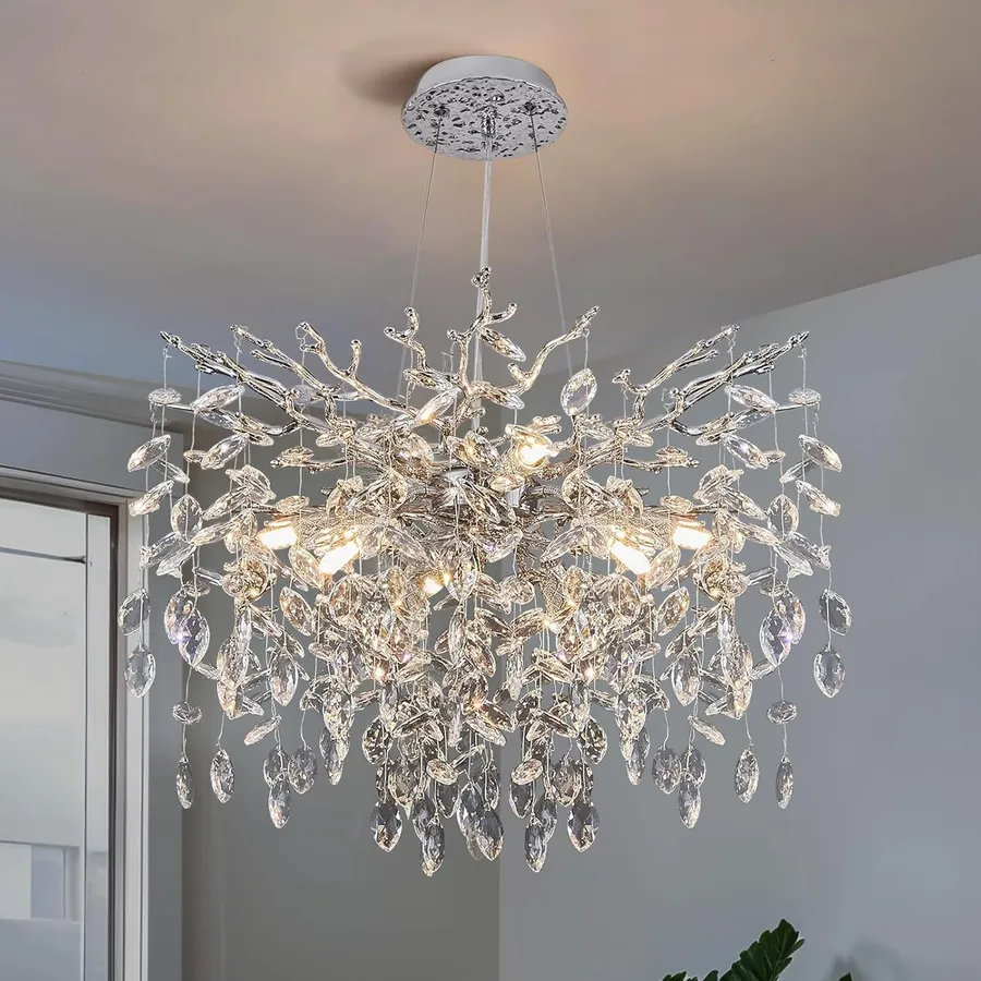 23.6" Silver Crystal Chandelier, 8-Light Modern Tree Branch Chandeliers, Round Chandelier for Dining Room, Living Room, Foyer, Entryway, Bedroom, Kitchen, Luxury K9 Crystal Raindrop Light Fixture
