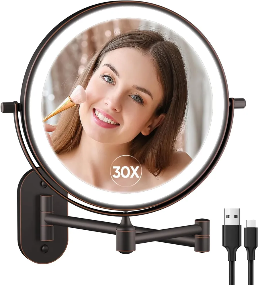 5000mAh Rechargeable Wall Mounted Lighted Makeup Mirror Double Sided 1X30X