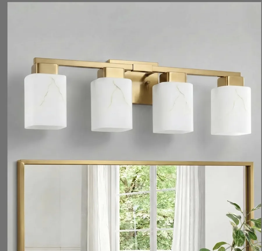 3-Light Square Bathroom Light Fixture, Gold Modern Vanity Light with White Marble Glass Shade, for Bathroom Mirror, Living Room, Bedroom, Hallway, E26 Base