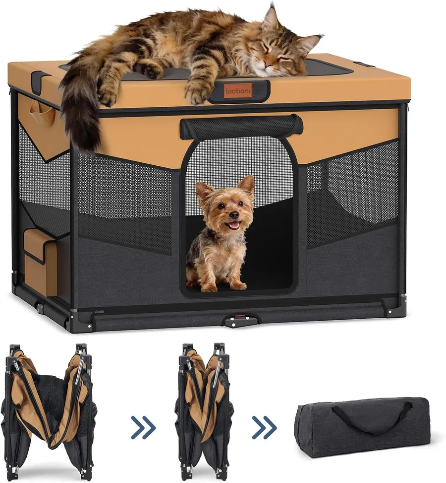 LOOBANI Dog Playpen for Small Dogs, 32"x24"x22", Foldable & Portable, Brown