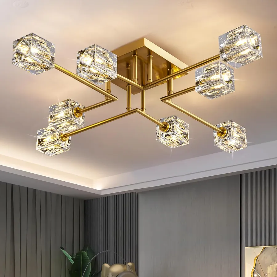 8-Light Gold Crystal Semi Flush Mount Sputnik Ceiling Light Fixture