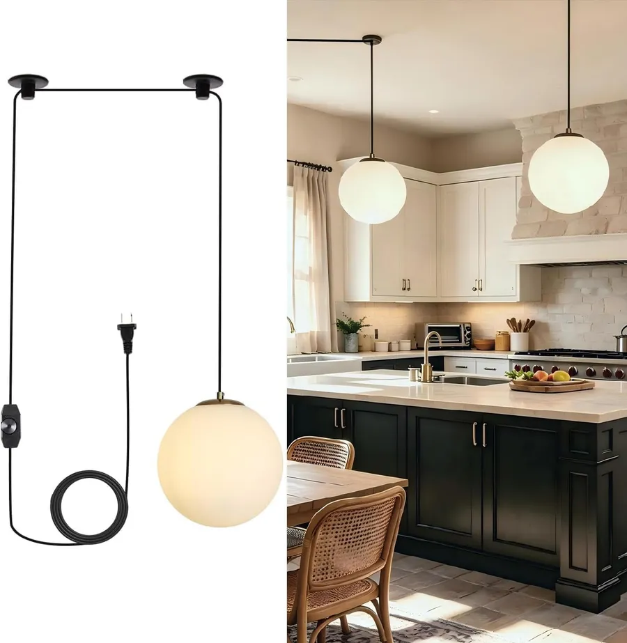 Gold Plug-in Pendant Light - Globe Dining Room Light Fixture with Milk Glass Chandelier Hanging Pendant Lights for Kitchen, Bedroom, Living Room, Entryway