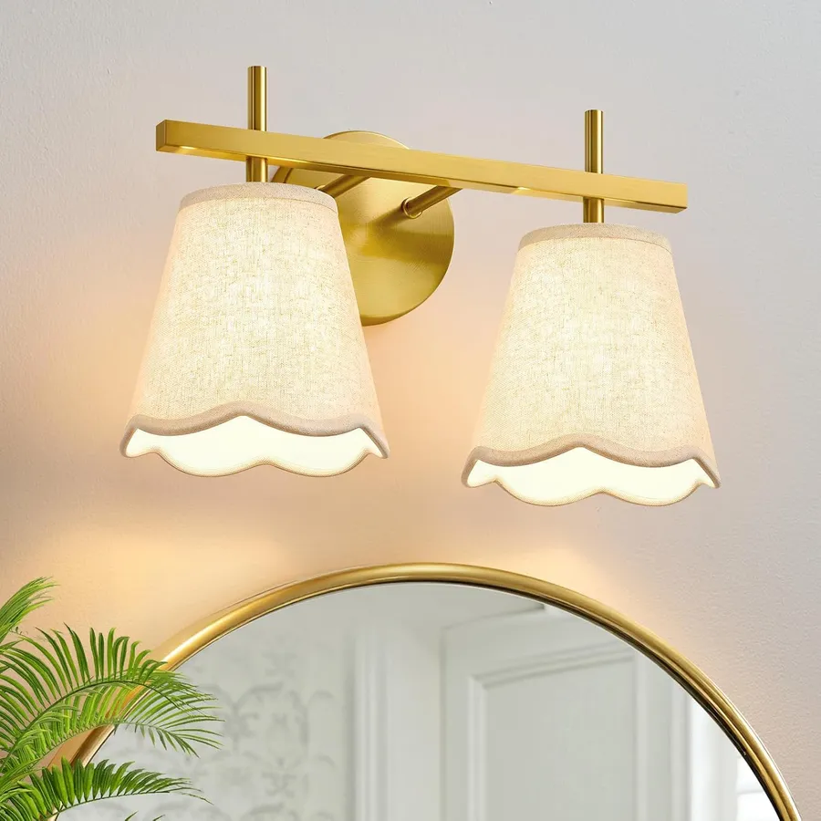 Modern Bathroom Vanity Light, 2-Light Brushed Gold Bathroom Light Fixtures with Scalloped Linen Fabric Shade, Vanity Lighting Fixtures Over Mirror (Exclude Bulb)